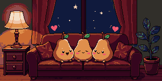 Three pears sitting together on a couch in a dim living room, with hearts above them
