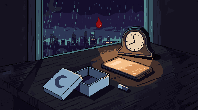A small open pill box, a lit phone and a clock on a desk, on a rainy night.